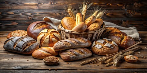 Poster - Assortment of freshly baked bread on rustic wooden table, baked goods, bakery, delicious, assortment