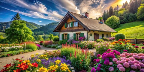 Sticker - Beautiful landscape featuring a charming house surrounded by lush greenery and colorful flowers, house, landscape, nature