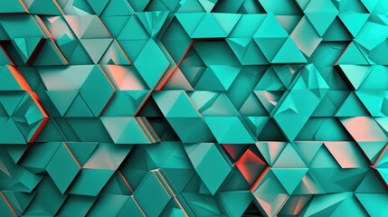 Wall Mural - abstract geometric patterns of overlapping triangles and hexagons in shades of teal and coral, creat
