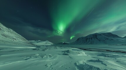 Wall Mural - The aurora borealis, or northern lights, are visible over a snowy mountain range.