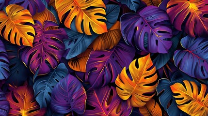 Poster - A tropical leaf pattern in shades of orange, purple and blue.