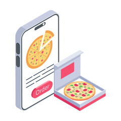 Poster - Here’s an isometric icon of pizza order app 

