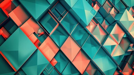 Wall Mural - abstract geometric patterns of overlapping triangles and hexagons in shades of teal and coral, creat