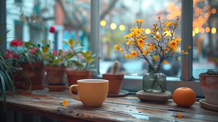Wall Mural - Background image of branch with flower blooming and cup of hot coffee placed on wooden desk near window with garden view. Design for poster, invitation card. No people. Spring season concept. AIGT2.