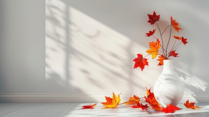 Canvas Print - White Vase with Fall Leaves