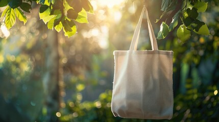Mockup of a plain white fabric tote bag against a nature-inspired background, ideal for showcasing eco-friendly and sustainable lifestyle choices.