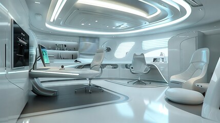 Wall Mural - a futuristic workspace with cutting-edge tech and sleek design fosters innovation and collaboration.
