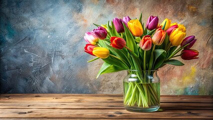 Sticker - Bouquet of vibrant tulips in a clear glass vase, flowers, tulips, colorful, arrangement, spring, petals, greenery, fresh, blooming