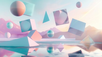 Wall Mural - an abstract composition of geometric shapes floating in a surreal landscape, blending squares, circl