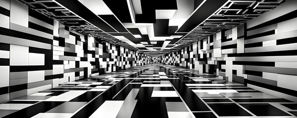 Black and white tunnel structure representing data and communication in abstract geometric pattern