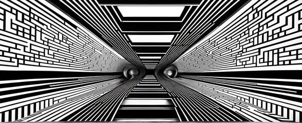 Black and white tunnel structure representing data and communication in abstract geometric pattern