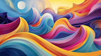 Wall Mural - an abstract landscape of colorful swirls and gradient waves, interspersed with bold geometric lines 