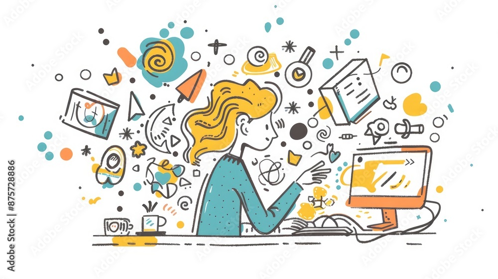 Whimsical doodle of a coding tutor, with a person at a computer and an ...