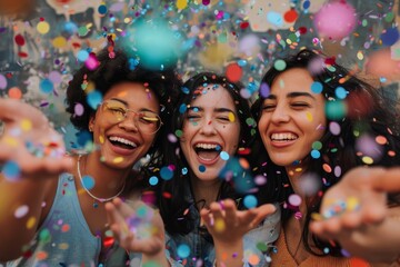 Three women celebrating at a party with confetti