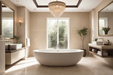 Sticker - Spacious bathroom with freestanding bathtub chandelier and large windows in natural light