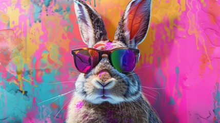 Wall Mural - Cool bunny with sunglasses on colorful background. Generative AI