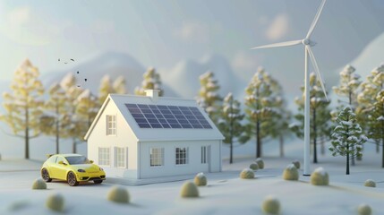 Wall Mural - 3d render of wind turbine and solar panels with house and eco car ecological environment concept