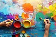 © ComfyMinds - Close-up view of hands painting with vivid colors in an art therapy session. The image showcases a dynamic and colorful studio environment, emphasizing creative expression and the therapeutic process.