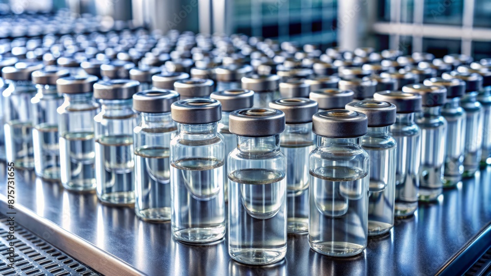 Rows of sterile, labeled glass vials stand upright on a stainless steel ...
