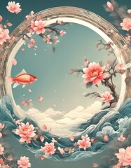 Wall Mural - in floral of background design appear motifs bonsai created shape oriental fish abstract drawing waves images circle tree typical carp illustration image traditional nature ai asian