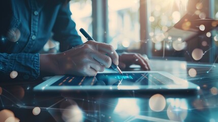 Businessman signs an electronic document on a digital document on a virtual notebook screen using a stylus pen.