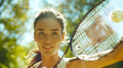 Wall Mural - A woman is playing tennis. The athlete holds a tennis racket in her hands and smiles. The concept of happiness and enjoyment