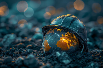 Yellow miners safety helmet and earth on top of the coal mining