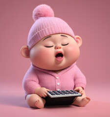 3D cute fat kid with calculator, do calculate something, financial 3D image for economy financial jobs