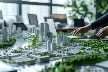 Wall Mural - Skilled civil engineer planning urban city plan by using model at table. Close up of professional architect or interior designer hands designing city plan at blurring background. Construction. AIG42.