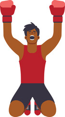 Man with dark skin in boxing gloves sitting on the ground with arms raised, flat vector art, wearing red tank top. Olympic athlete in the moment of victory.