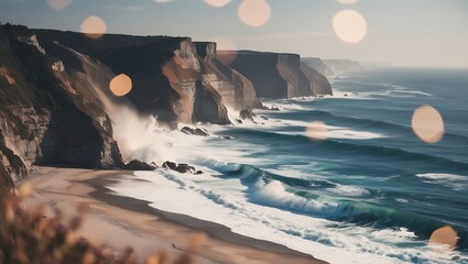 Wall Mural - Long exposure of a beautiful sunset over the ocean with rocks and surf