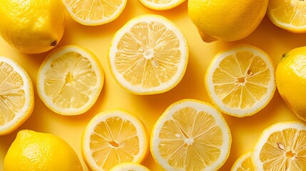 Bright and invigorating yellow background with fresh lemon slices neatly arranged, providing a sense of zest and vitality.