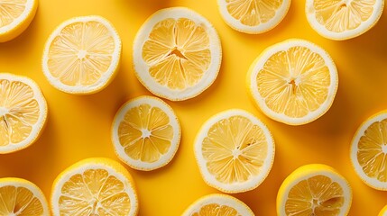 Bright and invigorating yellow background with fresh lemon slices neatly arranged, providing a sense of zest and vitality.