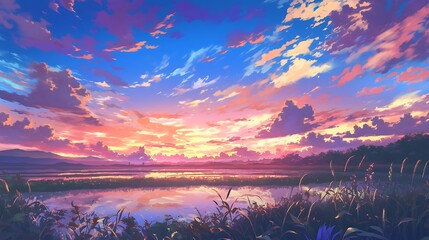 Wall Mural - Sunset over a Tranquil Lake