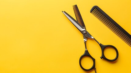 Sticker - Hairdressing scissors and comb on yellow background