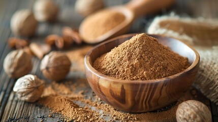 Wall Mural - nutmeg and powder in bowl and on a table