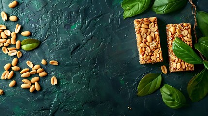 Wall Mural - Peanut bar crunchy sweet peanut bar which is very healthy and tasty snack arranged on a dark green textured background