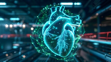 Luminous holographic projection of a captivating human heart with enchanting blue and green energy fields shaping a vivid three dimensional form in a sleek modern medical laboratory setting