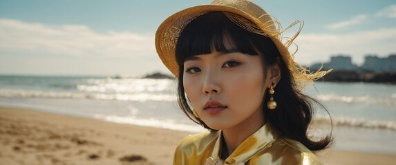 gold concept young asian model woman retro vintage beach summer fashion shoot portrait for banner background copy space