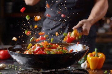 Canvas Print - A chef expertly flips colorful vegetables in a hot wok, creating a dynamic display of culinary skill and energy