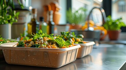 Wall Mural - A detailed close-up of an RTE meal in biodegradable packaging, on a stylish kitchen counter.  