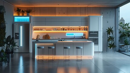 Wall Mural - A futuristic RTE food packaging design with holographic elements, showcased in a sleek, modern kitchen. 