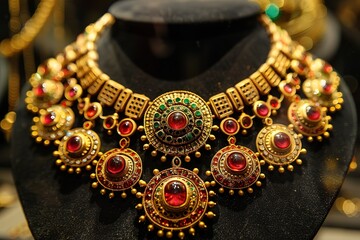 Wall Mural - Beautiful gold necklaces studded with emeralds, gems, pearls and precious stones