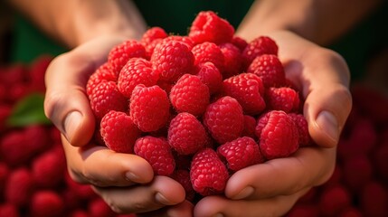 Hands holding a bunch of fresh raspberries background.