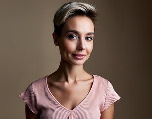 Wall Mural - Elegant Woman in Pink: Studio Headshot Against Beige Background