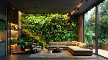 Wall Mural - A smart home with an indoor garden using hydroponics, automated system, lush greenery, clean and modern interior.   