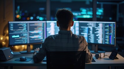 a software developer works on code late into the night, illuminated by the glow of multiple computer