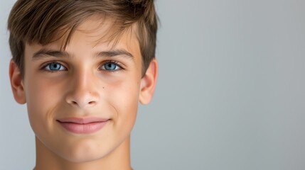 Wall Mural - A young boy with a blue eye and a smile on his face. He is looking directly at the camera