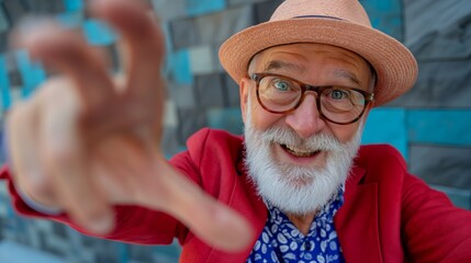 Wall Mural - A man with a red jacket and a straw hat is smiling and pointing his finger. He is wearing glasses and has a beard