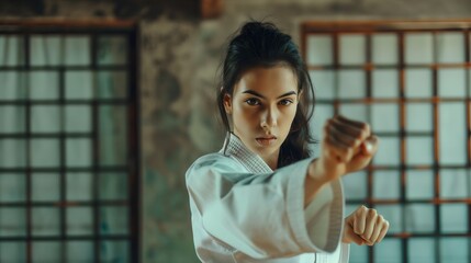 Portrait of a young beautiful woman dressed in a kimono practicing karate, taekwondo, or another martial art, female fighter, girl training techniques of defense and attack, sport, training, aikido.